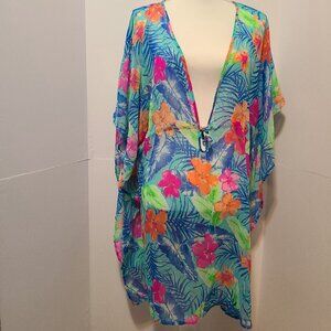 KATHY IRELAND ''HAWAIIAN PARADISE'' BEACH COVER-UP-BLUE PINK TROPICAL - SZ M-NWT